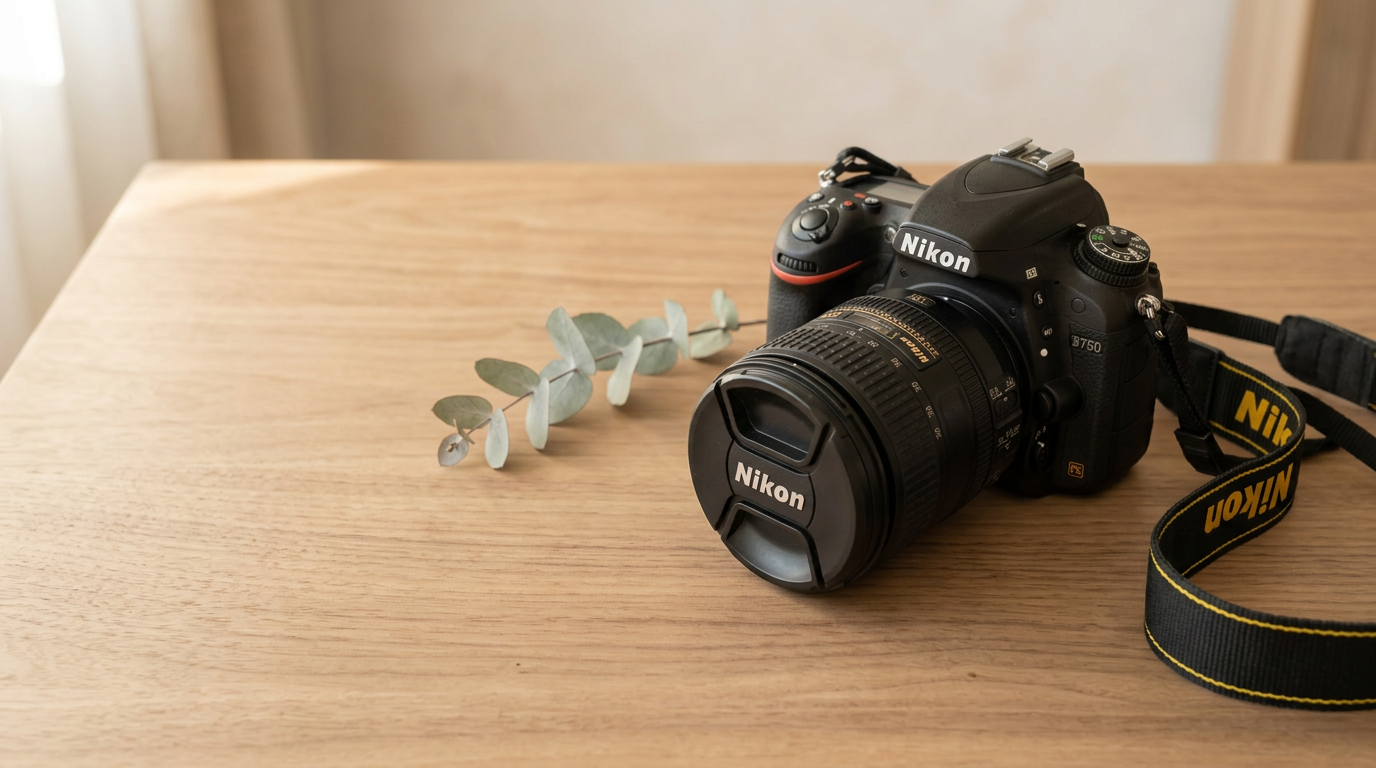 Nikon fényképezőgép faasztalon eukaliptuszággal